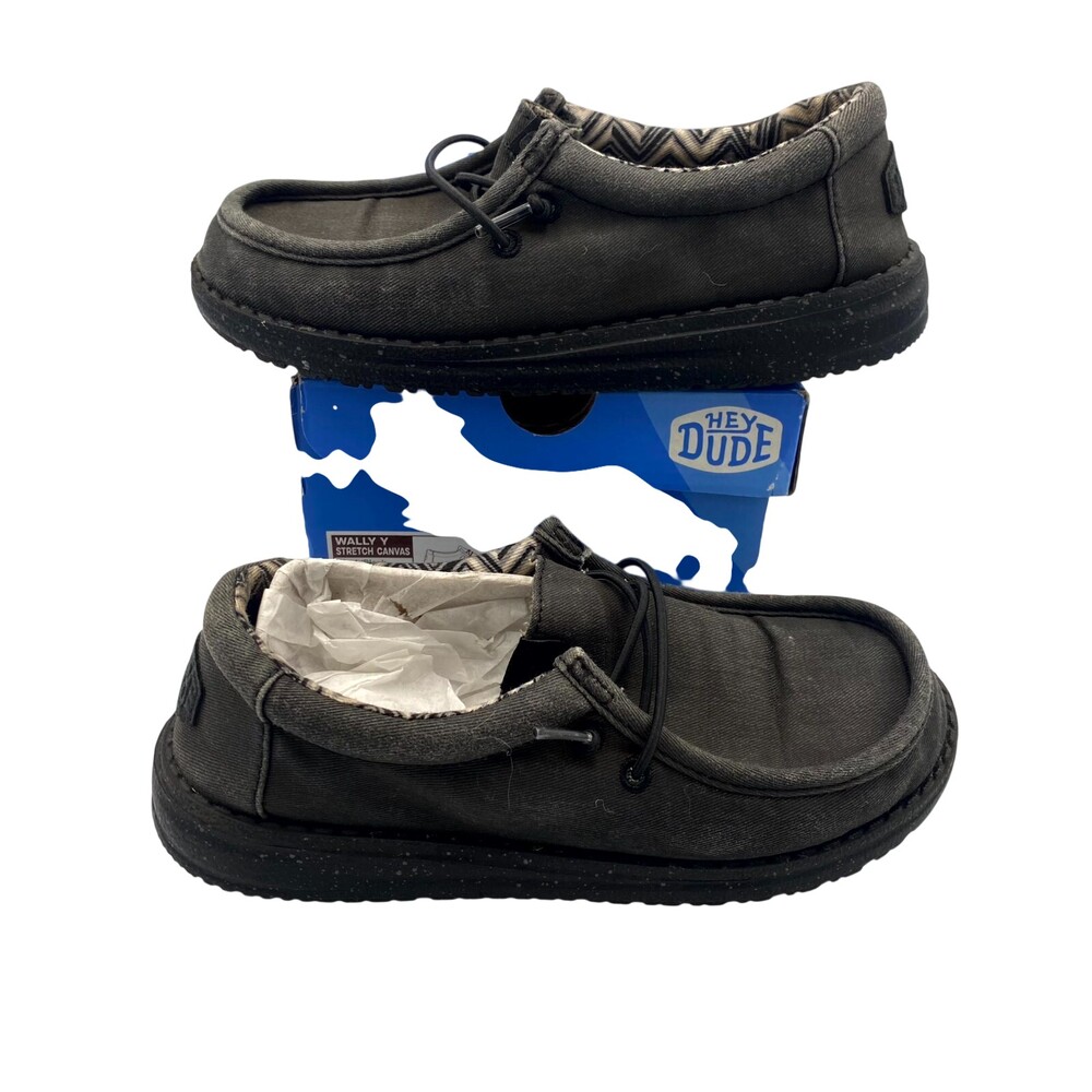 Hey Dude Wally 41144-060 Kid's US 2 Sneakers Black Stretch Canvas Casual Shoes